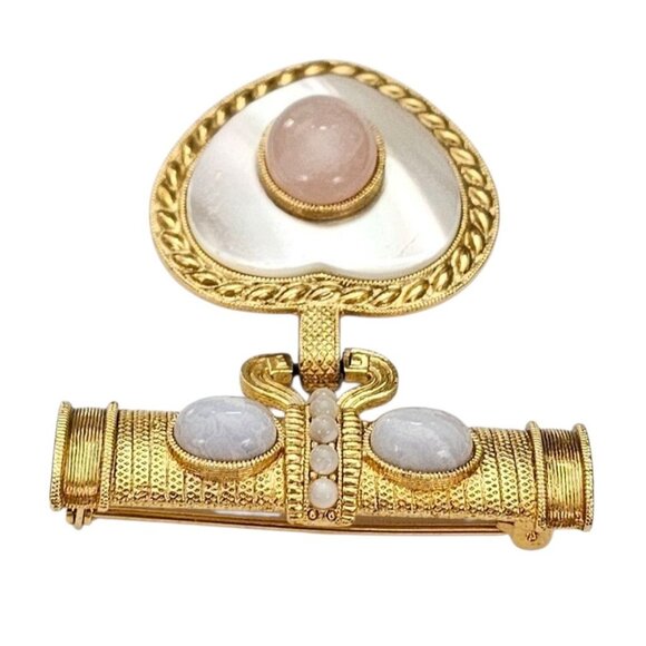 1928 Brand Gold Tone Blue Lace Agate Rose Quartz Brooch Heart Shell Inlay Dangle - Picture 4 of 8